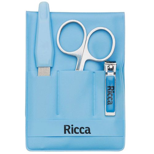 Kit Manicure Infantil Ricca Estojo Azul - Tesoura, Cortador e Lixa, Seguro e Prático