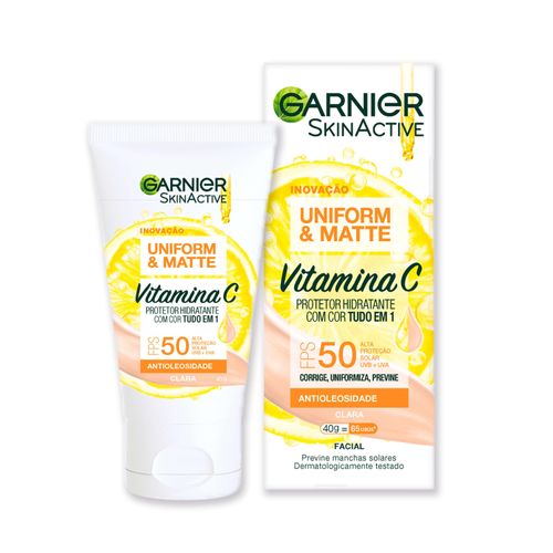Protetor Hidratante Facial Garnier Uniform & Matte Vitamina C FPS 50 Cor Clara, 40g