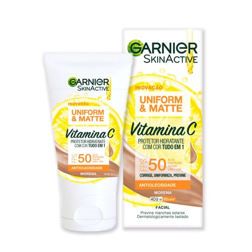 Protetor Hidratante Facial Garnier Uniform & Matte Vitamina C FPS 50 Cor Morena, 40g