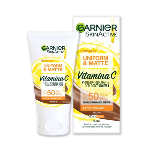 Protetor Hidratante Facial Garnier Uniform & Matte Vitamina C FPS 50 Cor Negra, 40g