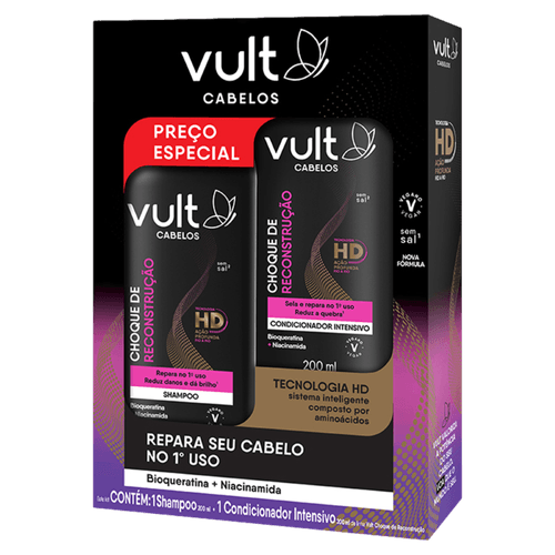 Kit Shampoo 200ml + Condicionador 200ml Vult Cabelos Choque de Reconstrução
