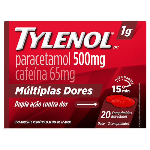 Tylenol DC Multiplas Dores  500mg Paracetamol + 65mg cafeína - 20 Comprimidos