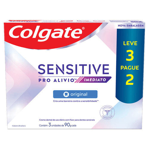 Pack Creme Dental Original Colgate Sensitive Pro-Alívio Imediato Caixa 90g Cada Leve 3 Pague 2 Unidades