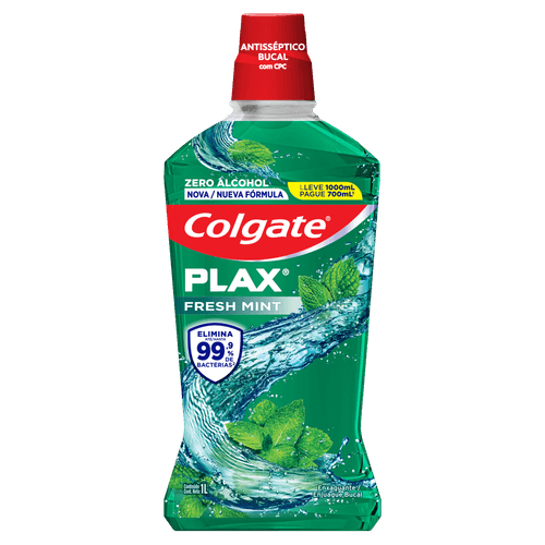 Enxaguante Bucal Zero Álcool Fresh Mint Colgate Plax Frasco Leve 1000ml Pague 700ml