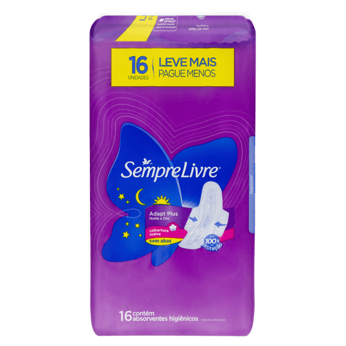 absorvente Sempre Livre Adapt Plus Noite e Dia Suave com Abas C/ 16 Unidades