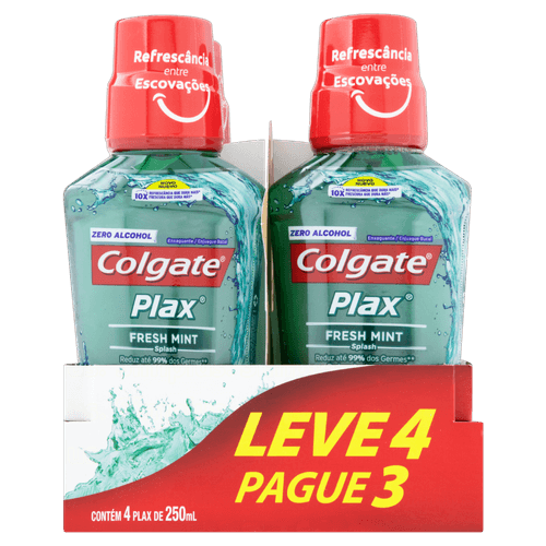 Pack Enxaguante Bucal Zero Álcool Fresh Mint Colgate Plax Frasco Leve 4 Pague 3 Unidades 250ml Cada