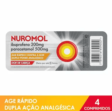 Analgésico Ibuprofeno e Paracetamol Nuromol 200mg e 500mg Comprimido 4 Unidades