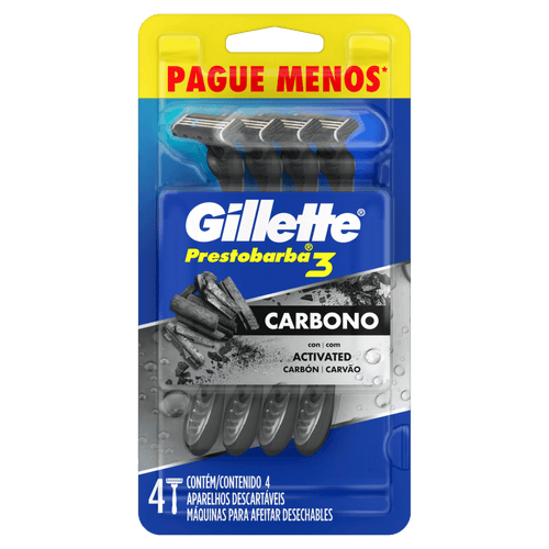 Aparelho Descartável para Barbear com Carvão Gillette Prestobarba3 Carbono 4 Unidades