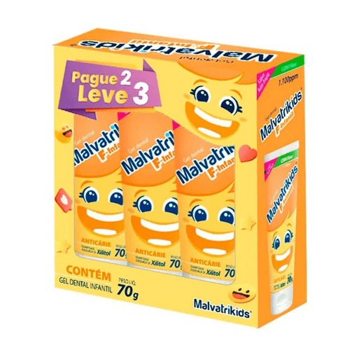 Kit Gel Dental Infantil com Flúor Anticárie Malvatrikids 70g - 3 Unidades