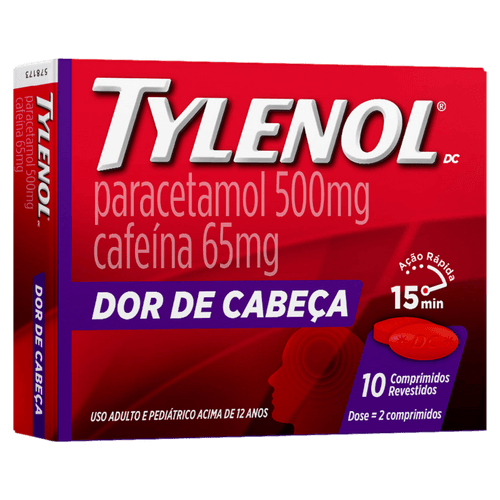Analgésico Paracetamol 500mg + Cafeína 65mg Tylenol 10 Comprimidos