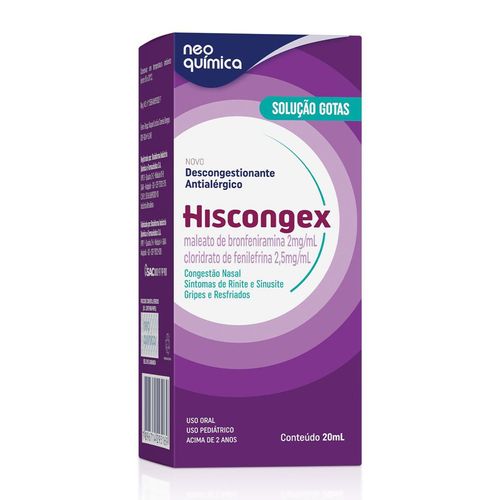 Hiscongex Maleato de Bronfeniramina 2mg + Cloridrato de Fenilefrina 2,5mg Gotas 20 ml
