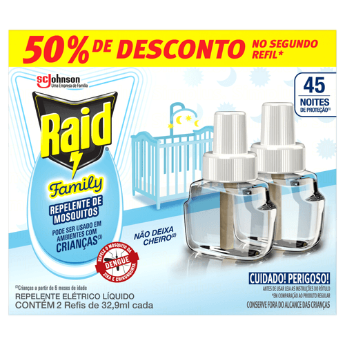Repelente Líquido Elétrico 45 Noites Raid Family - 2 Unidades 32,9ml