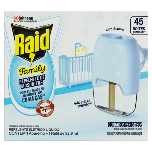Kit Aparelho Elétrico + Refil Repelente Líquido 45 Noites Raid Family 32,9ml