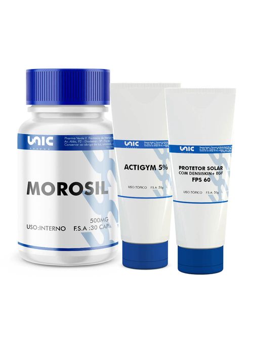 Morosil 500mg + Actigym 5% 50g + Protetor Solar FPS 60 com Densiskin 5% + EGF 1% - 30 caps