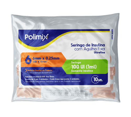 Seringa para Insulina Polimix 100UI com Agulha 6mm - 10 Unidades