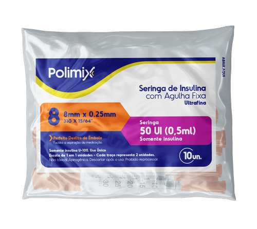 Seringa para Insulina Polimix 50UI com Agulha 8mm - 10 Unidades