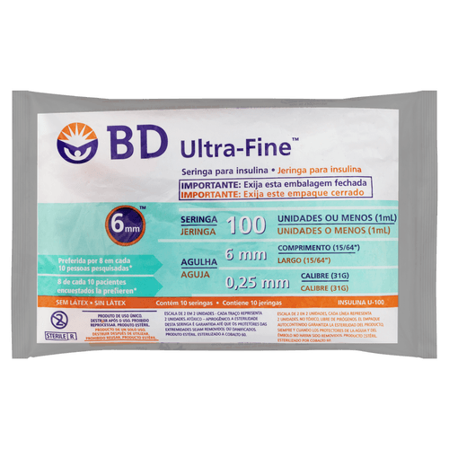 Seringa para Insulina BD Ultra-Fine com Agulha 6mm 100UI - 10 Unidades