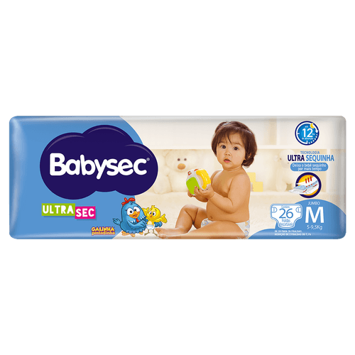 Babysec Fralda Descartável 12h Proteção, Fechos Reajustáveis — Ultra Jumbo M 26un