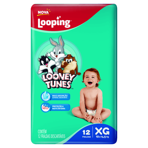 Looney Tunes Fralda Descartável Jumbo XG 12 Unidades Super Gel Antivazamento