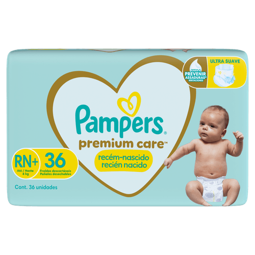 Pampers Fralda RN+ Recém-nascido 3-6kg 36un Premium Care Hipoalergênica 12h