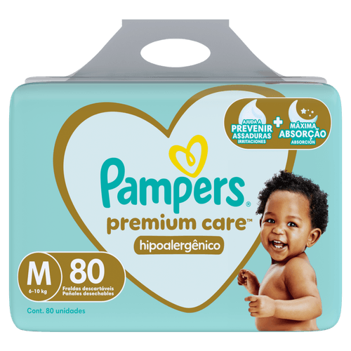 Pampers Fralda Descartável Premium Care M 80un Hipoalergênica Respirável 12h