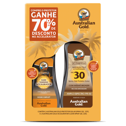 Kit Protetor Solar Gel FPS 30 Australian Gold 237g Spray + Bronzeador Accelerator 125g