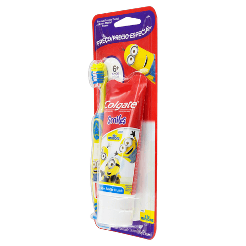 Kit Escova + Gel Dental Infantil com Flúor Bubble Fruit Minions Colgate Smiles 100g