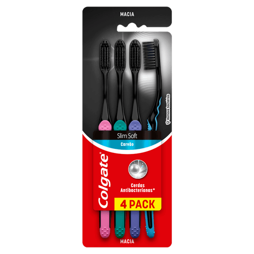 Escova Dental Macia Carvão Colgate Slim Soft Cabeça Compacta 4 Unidades