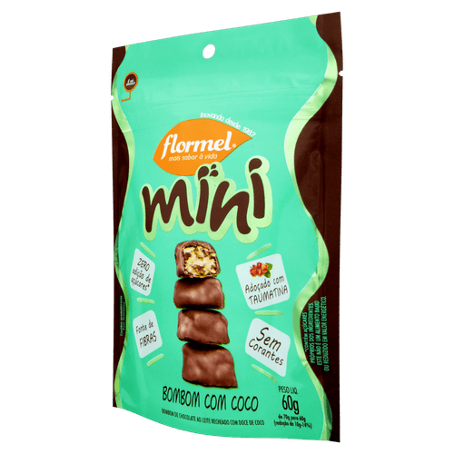 Mini Bombom Coco 60g Pouch Chocolate ao Leite Zero Açúcar Sem Glúten Flormel