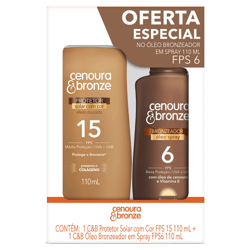 Kit Protetor Solar Cenoura e Bronze Corpo com Cor FPS 15 110ml + Óleo Bronzeador FPS 6 110ml