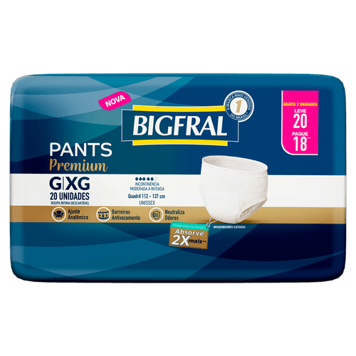 Roupa Íntima Descartável Unissex Bigfral Pants Premium G/XG Pacote Leve 20 Pague 18 Unidades