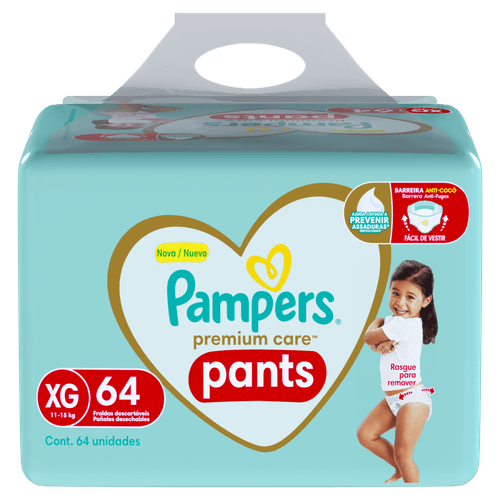 Pampers Fralda Pants Cintura 360° Gel Superabsorvente 12h Premium Care XG 64un
