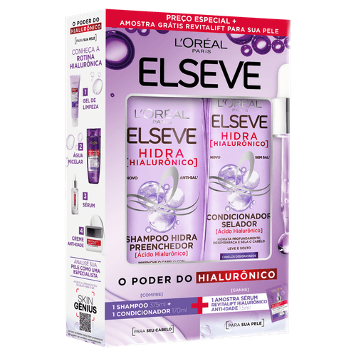Kit Elseve Hidra Hialurônico Shampoo 375ml + Condicionador 170ml + Sérum Revitalift Hialurônico Sachê  1,5ml