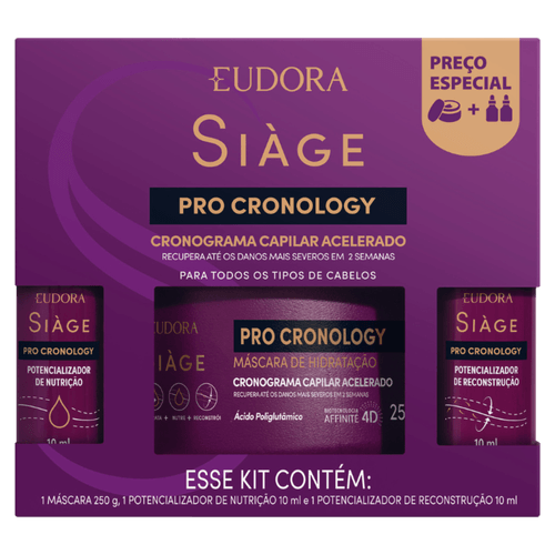 Kit Máscara de Hidratação 250g + Potencializador de Reconstrução 10ml + Potencializador de Nutrição 10ml Eudora Siàge Pro Cronology