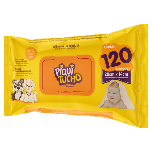 Lenço Umedecido Piquitucho Premium Extrato de Capim Limão 120 Unidades