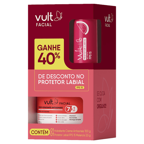 Kit de Cuidados Faciais Creme Hidratante Antissinais Vult 100g + Protetor Labial FPS 15 Melancia 3,5g