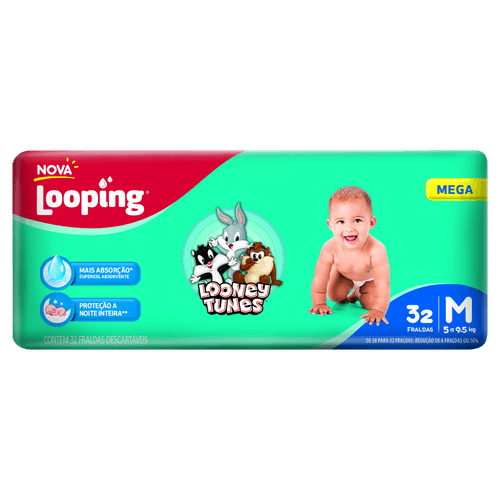 Looping Fralda Descartável Infantil M Megapacote 32 Unidades Alta Absorção Anti-vazamento