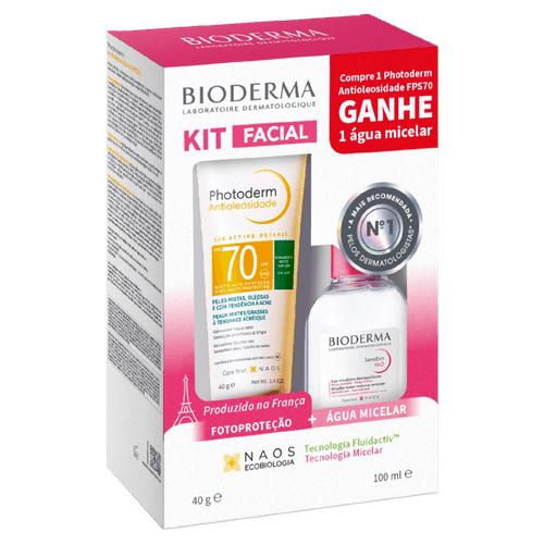 Kit Protetor Solar Facial Toque Seco Antioleosidade FPS 70 Bioderma 40g + Água Micelar Sensibio H2O 100ml