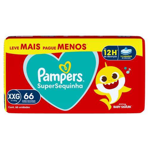 Pampers Fralda Descartável SuperSequinha Baby Shark XXG 66un 12h Absorção Anti-vazamento