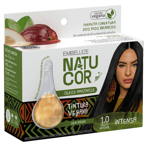 Natucor Tintura Creme 1.0 Preto Natural Óleos Amazônicos Vegana Cobertura Total