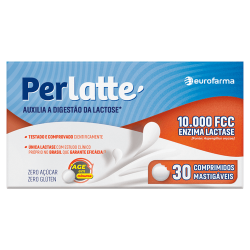 PERLATTE Lactase 10.000 FCC 30 Comprimidos Mastigáveis Zero Açúcar Auxílio Digestão Lactose