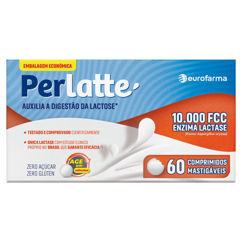 PERLATTE Suplemento Lactase 10.000 FCC 60 comprimidos mastigáveis Zero Açúcar