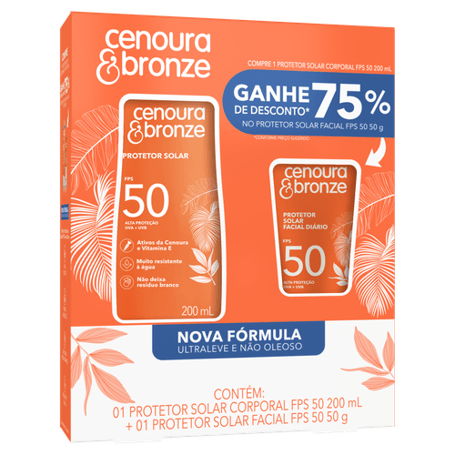 Cenoura Bronze Kit Protetor Solar FPS 50 200ml + Facial Toque Seco 50g