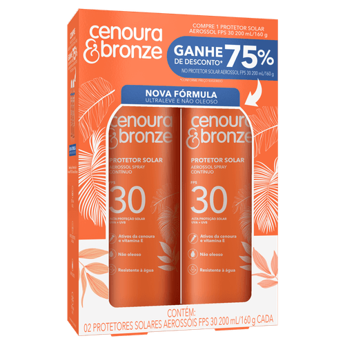 Cenoura & Bronze Protetor Solar Aerosol FPS 30 Kit 2x200ml Corpo UVA/UVB Toque Seco