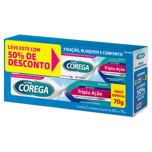 Corega Creme Fixador Tripla Ação Sem Sabor Sem Zinco 70g+20g Fixação até 12h