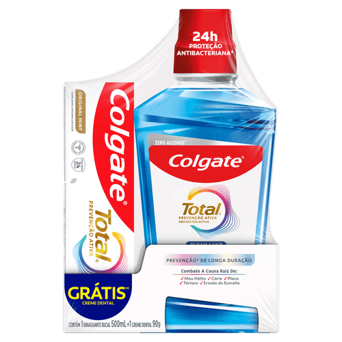 Colgate Kit Enxaguante Bucal 500ml Zero Álcool Total Clean Mint + Creme Dental 90g