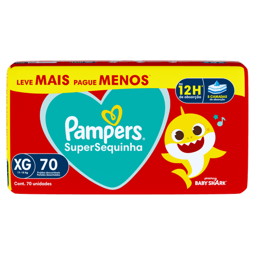 Pampers Fralda Descartável SuperSequinha XG 70 Unidades - 11-15kg 12h Absorção Baby Shark