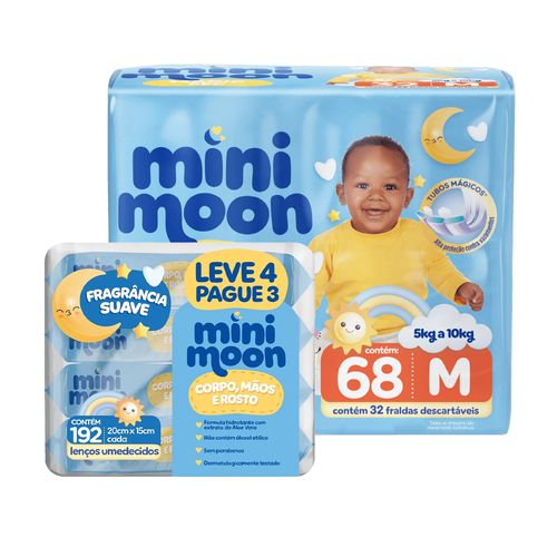 Kit Mini Moon Fralda Magic Sec Mega M 68 Unidades + Lenço Umedecido com Fragrância 192 Unidades