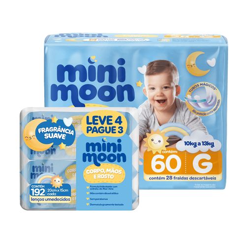 Kit Mini Moon Fralda Magic Sec Mega G 60 Unidades + Lenço Umedecido com Fragrância 192 Unidades