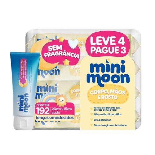 Kit Mini Moon Lenço Umedecido sem Fragrância 192 Unidades + Creme Preventivo de Assaduras 30g